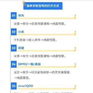 不同手机的地震预警功能怎么开启，华为小米荣耀oppo、vivo、苹果手机地震预警功能开启